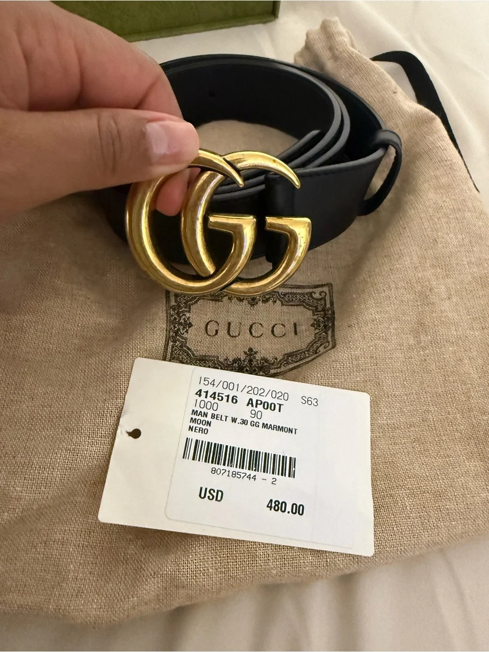 Authentic Gucci Black Leather Belt with Gold Double G Buckle